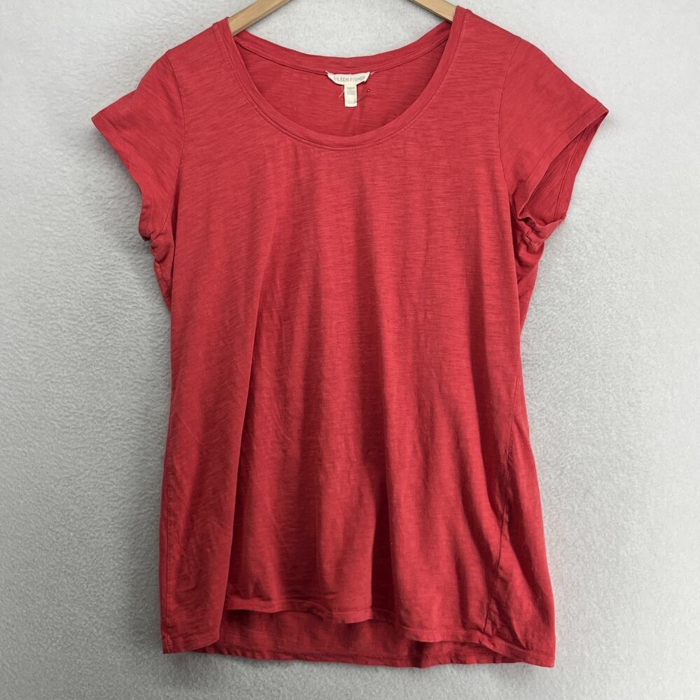 EILEEN FISHER Top L Organic Cotton Slub Jersey Scoop Neck Cap Sleeve Red